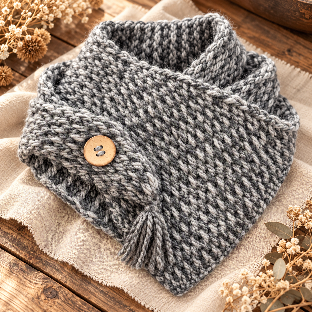Hugme Shawl Grey handgemaakte grijze shawl met knoop en kwast
