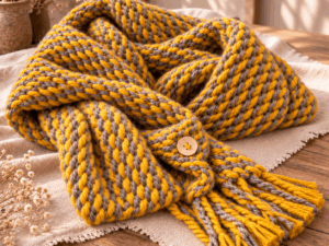 Hugme Shawl Mustard handgemaakte shawl in mosterd en taupe