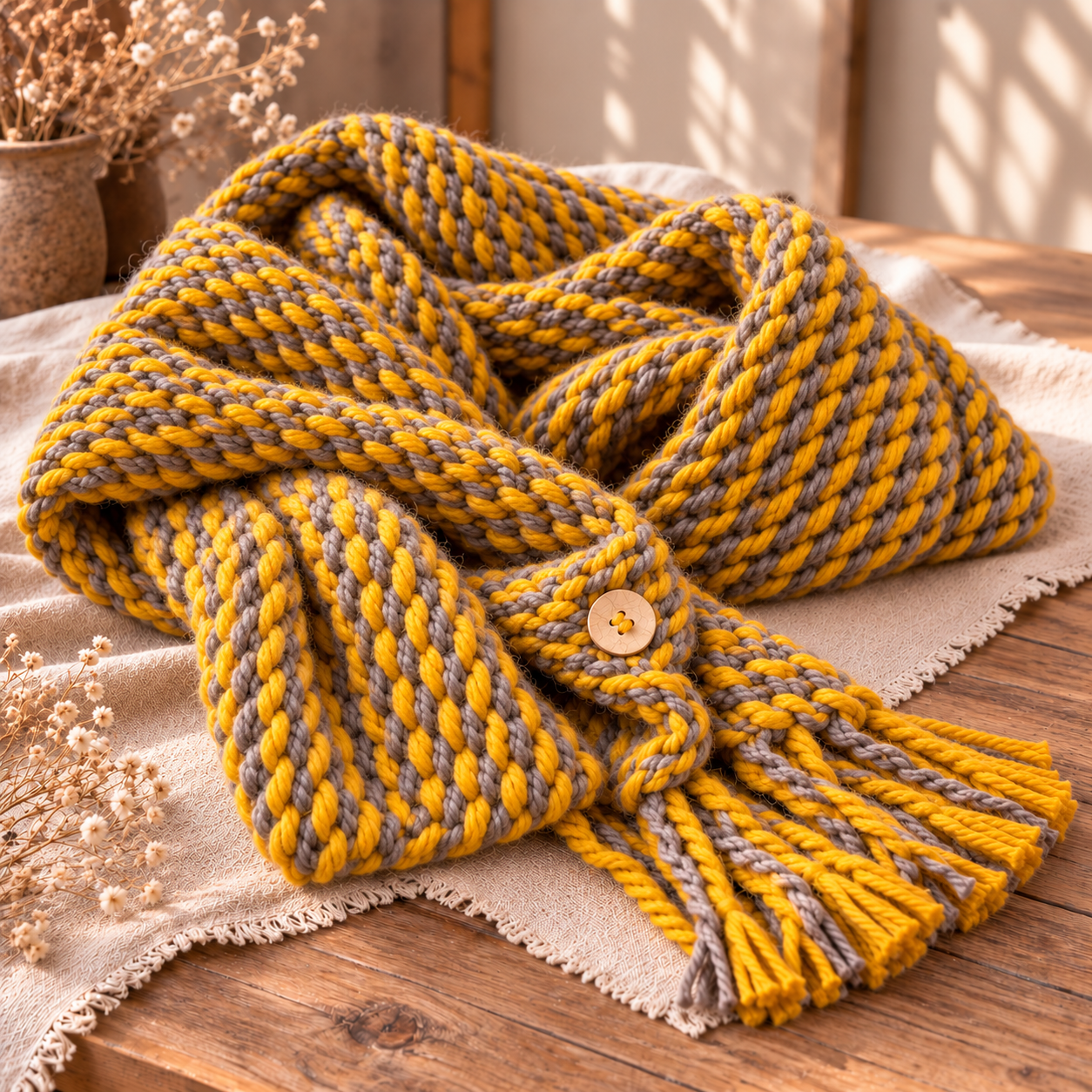 Hugme Shawl Mustard handgemaakte shawl in mosterd en taupe