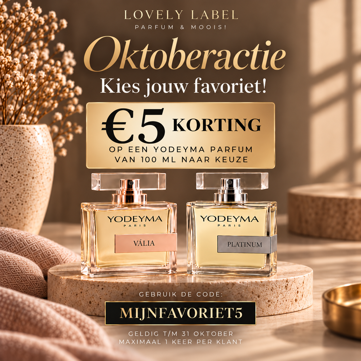 Lovely Label oktoberactie met €5 korting op Yodeyma parfum van 100 ml naar keuze.